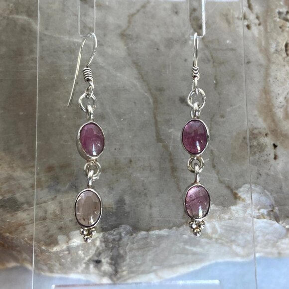 Sterling Silver 925 Dainty Oval Pink Tourmaline Multistone Dangle Drop Earrings - Picture 2 of 16